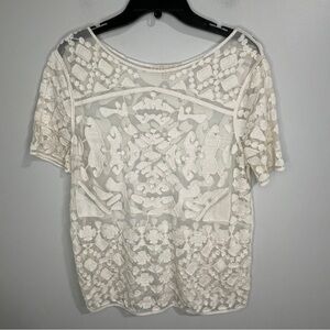 Everleigh Cream tan Lace Semi Sheer Embroidered short sleeved Top shirt L